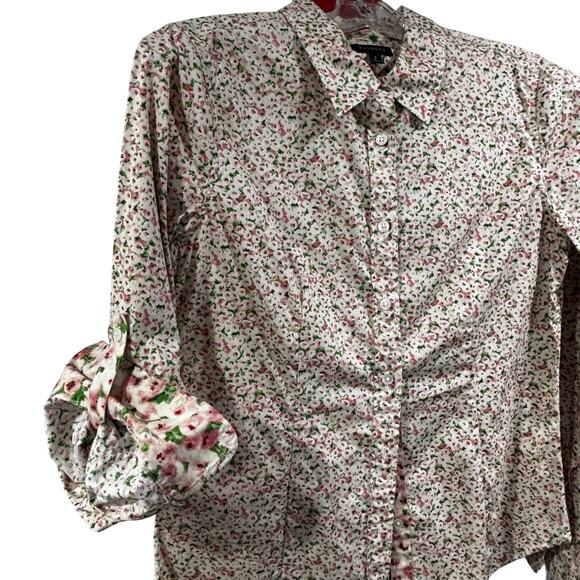 Talbots floral blouse cottage core cotton stretch beige pink green preppy sz 2 - Picture 6 of 7